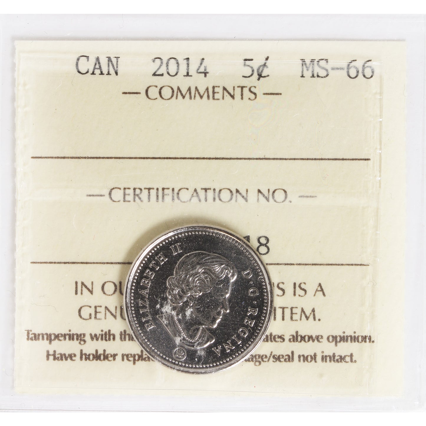 2014 Canada 5-cents ICCS Certified MS66