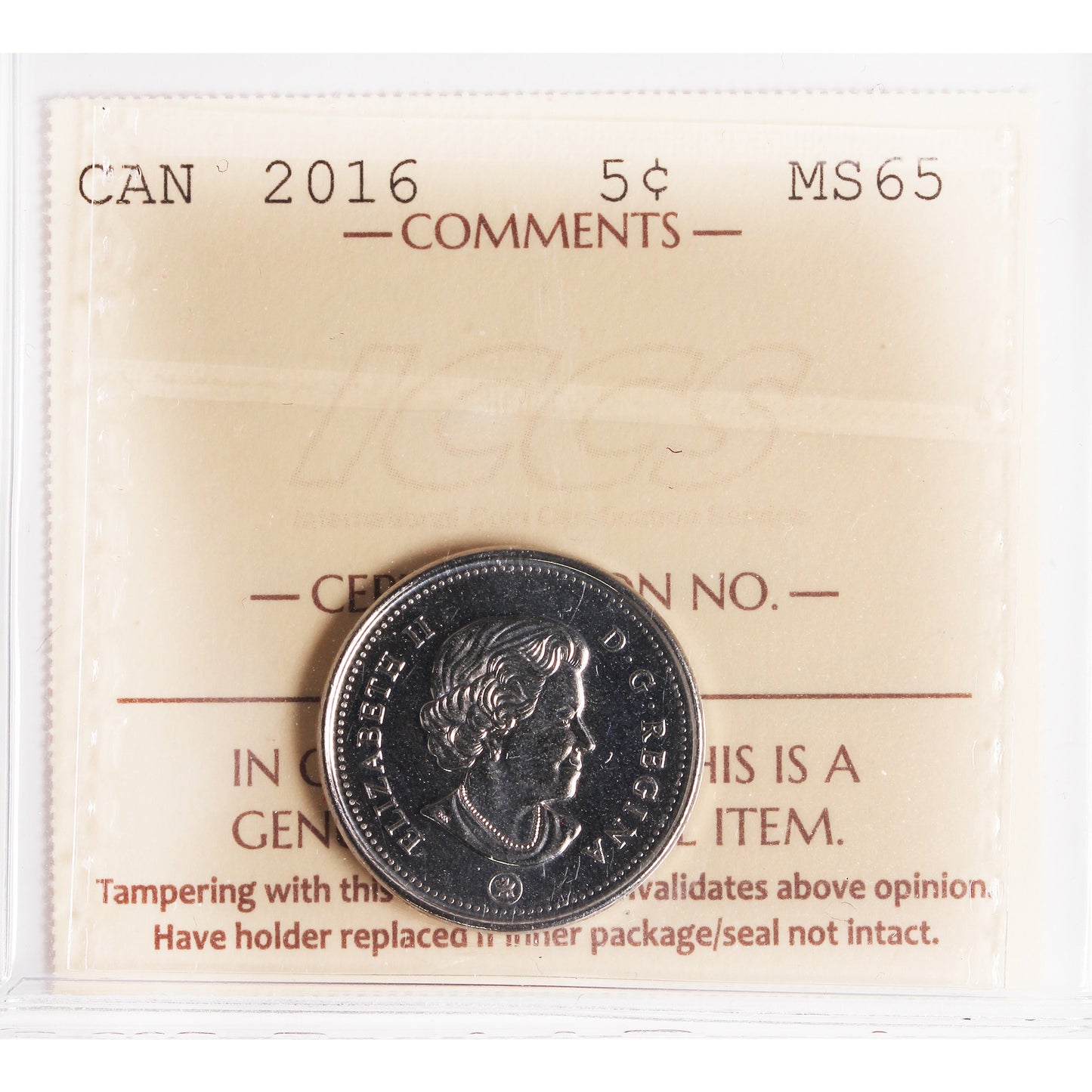 2016 Canada 5-cents ICCS Certified MS65