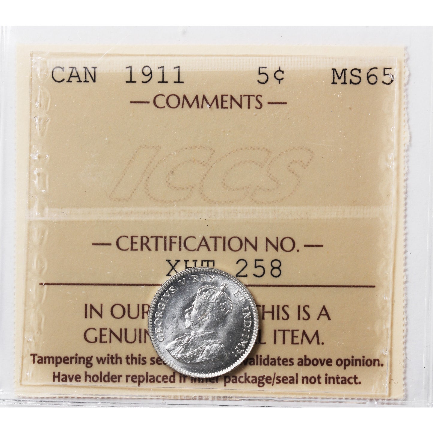 1911 Canada 5-cents ICCS Certified MS-65 (XHT 258)