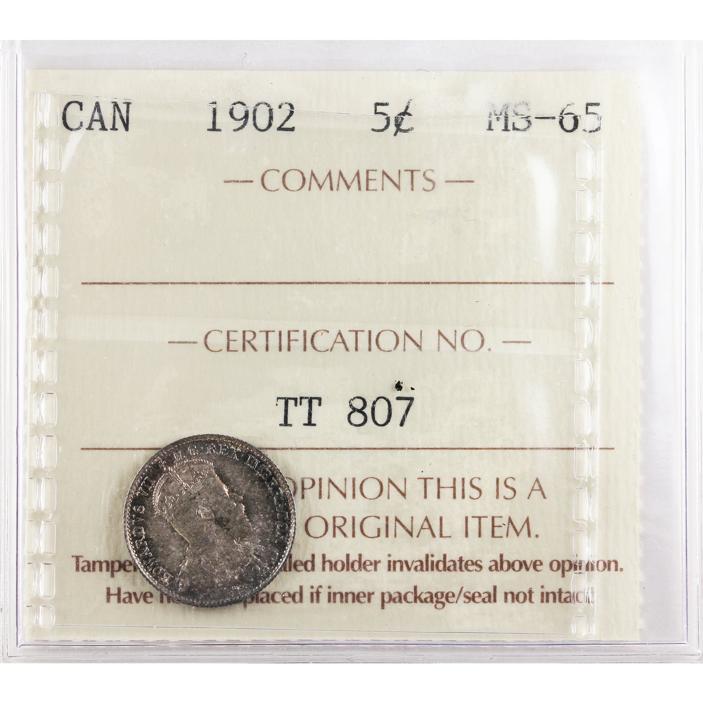 1902 Canada 5-cents ICCS Certified MS65 (TT 807)