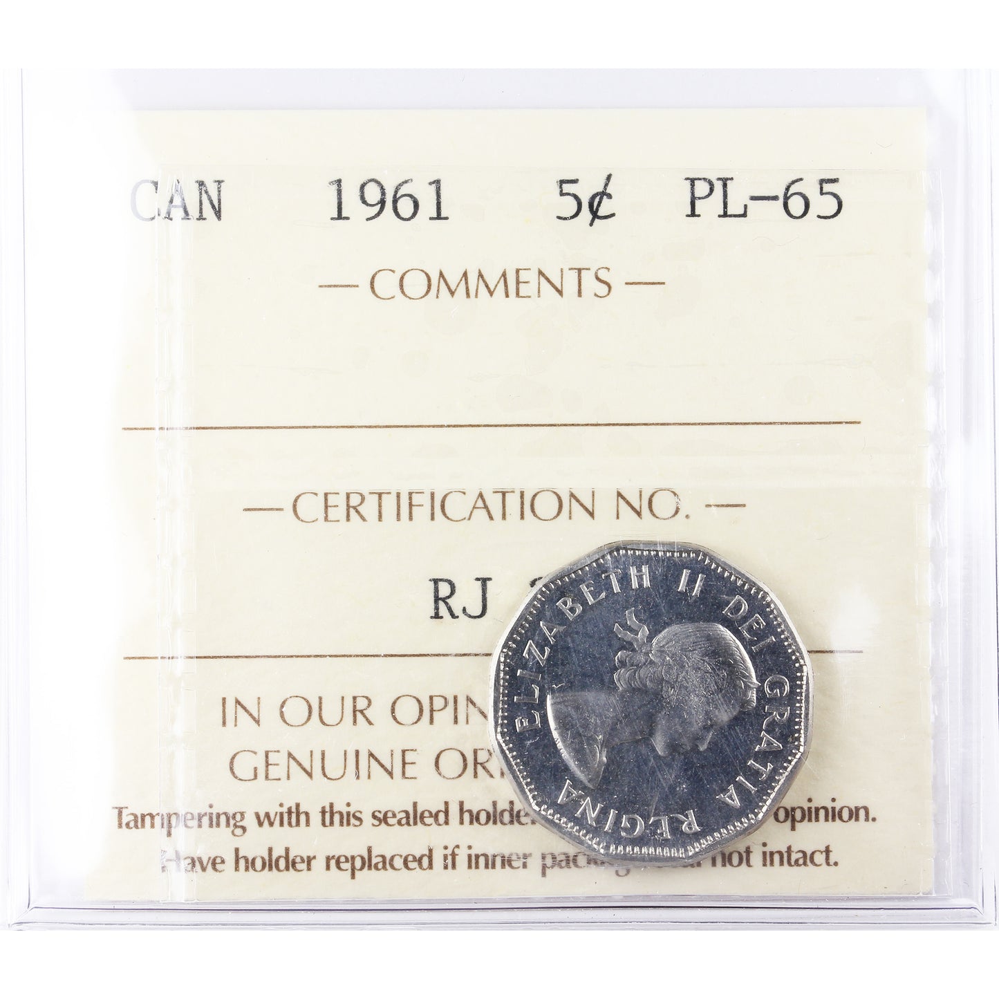 1961 Canada 5-cents ICCS Certified PL-65