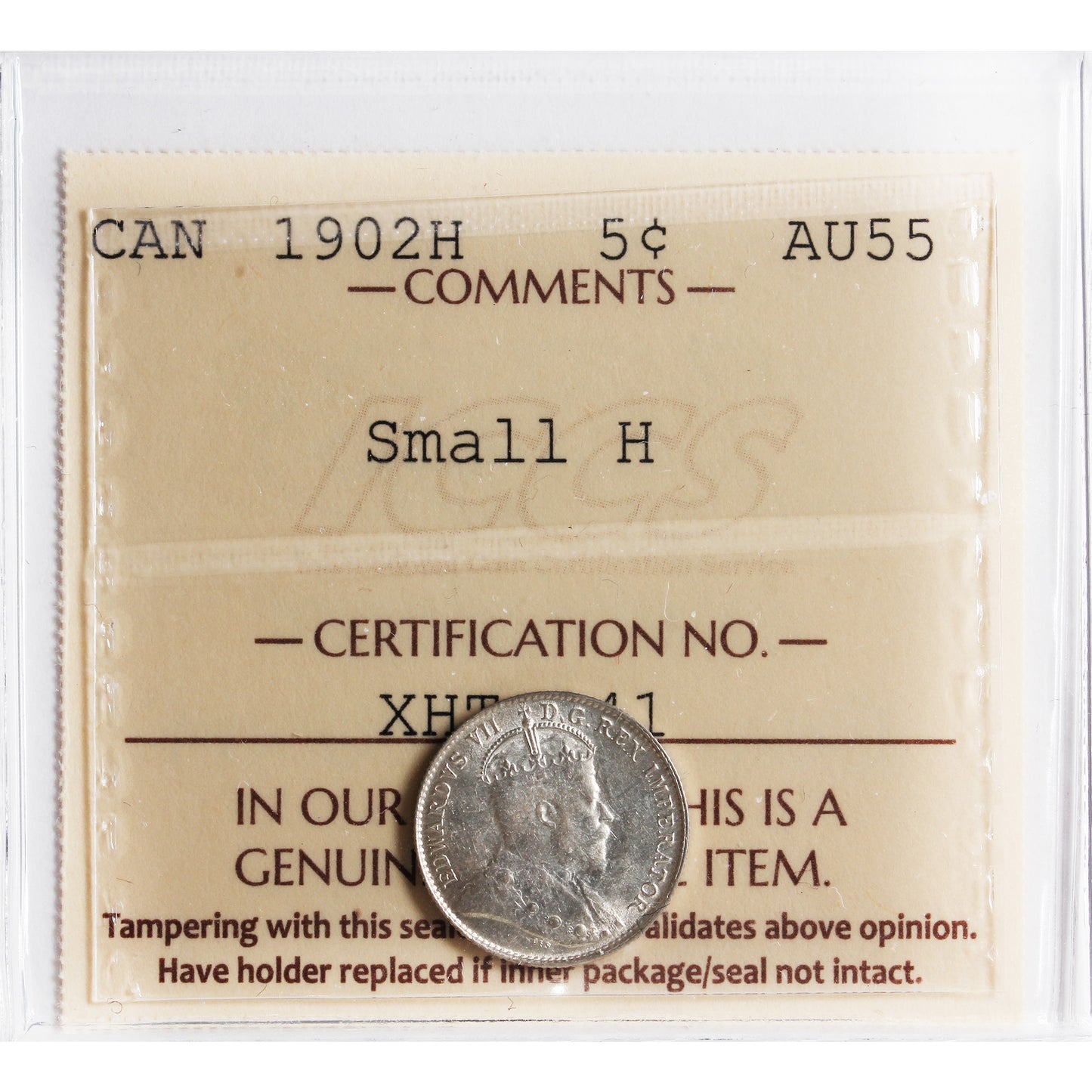 1902H Small H Canada 5-cents ICCS Certified AU55