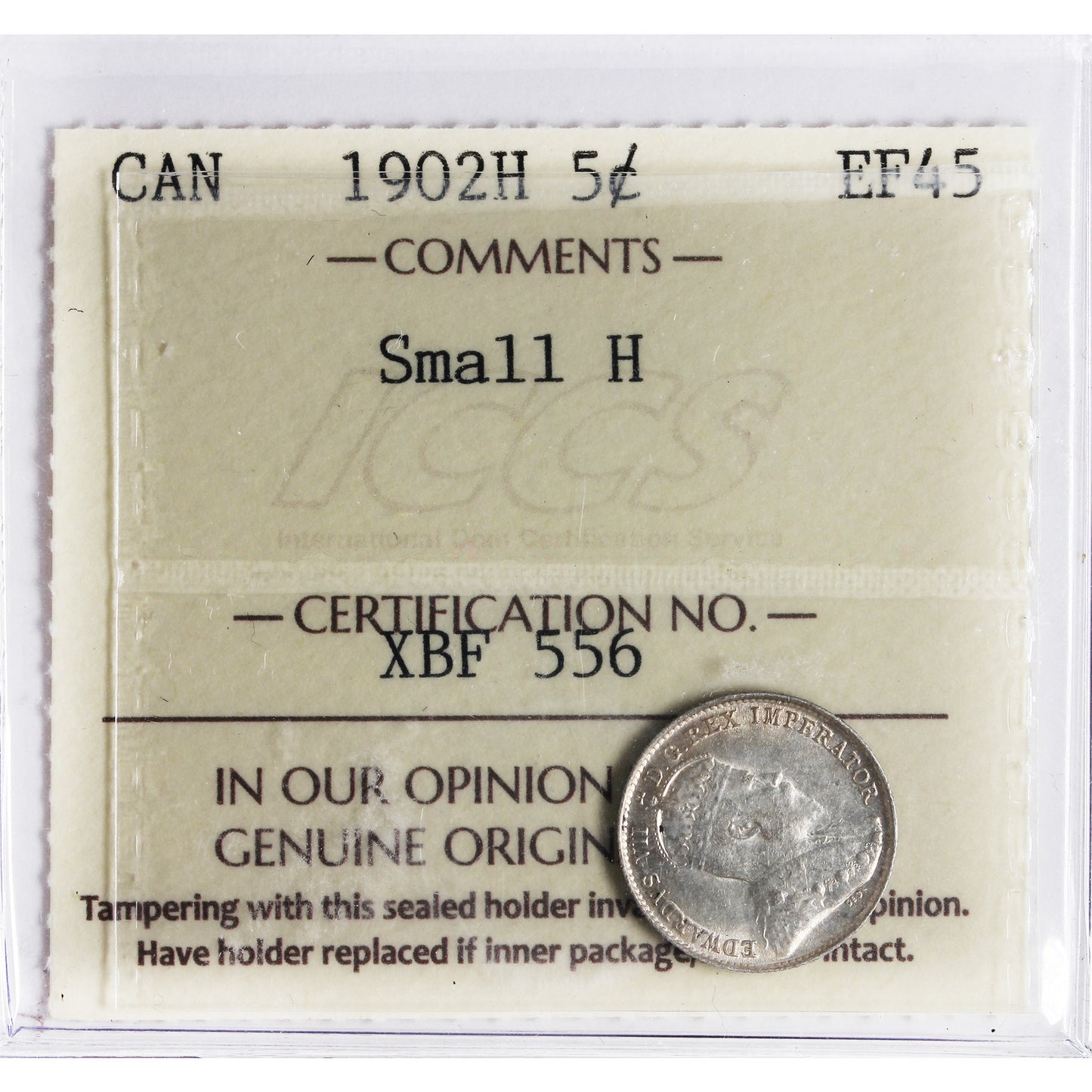 1902H Small H Canada 5-cents ICCS Certified EF45