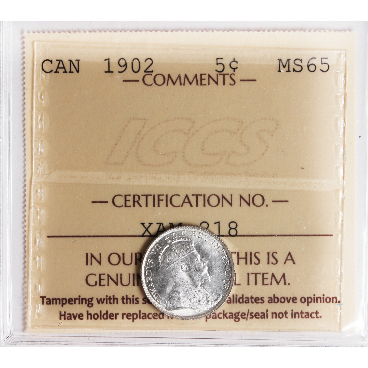 1902 Canada 5-cents ICCS Certified MS65 (XAM 218)