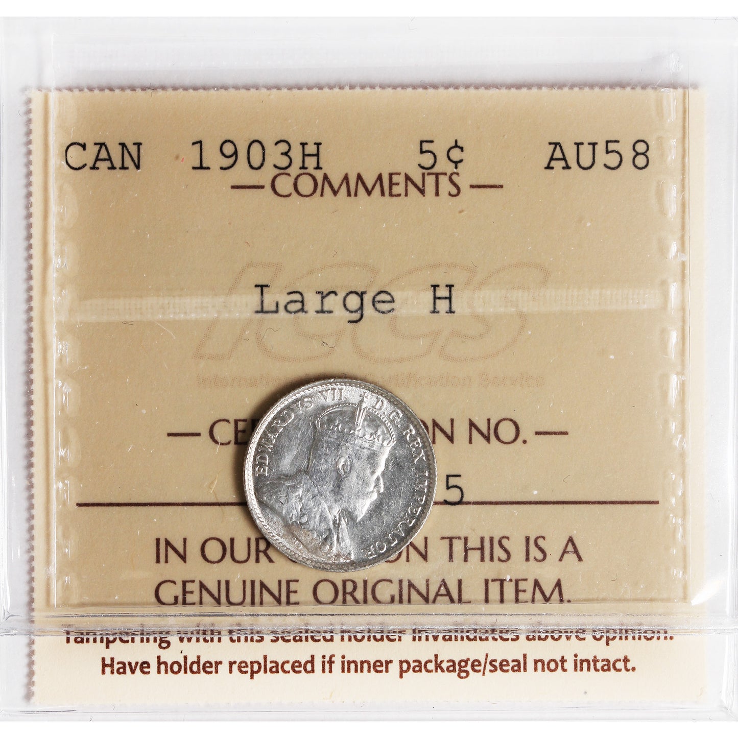 1903H Large H Canada 5-cents ICCS Certified AU58