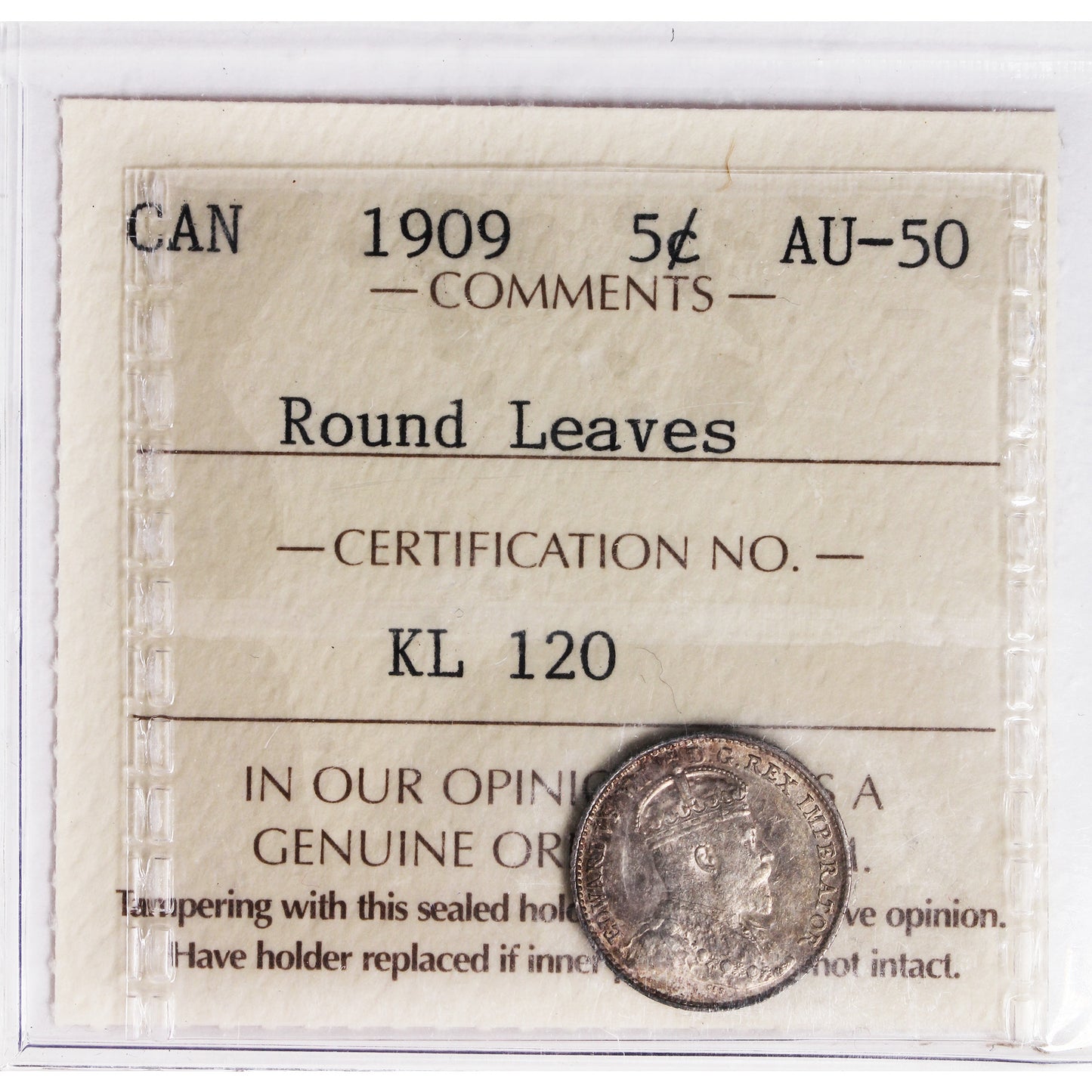 1909 Round Leaves Canada 5-cents ICCS Certified AU50