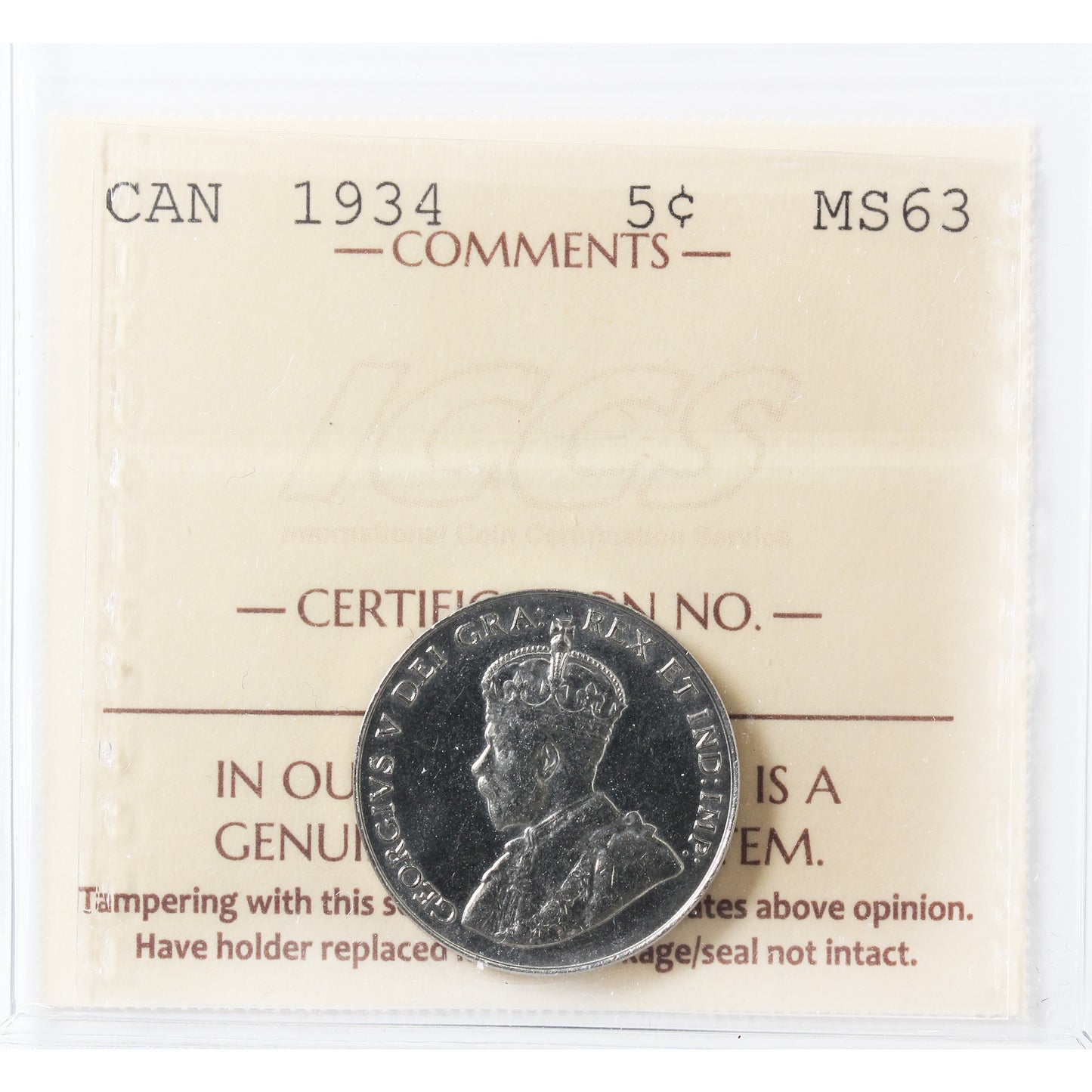 1934 Canada 5-cents ICCS Certified MS63 (XVR 309)