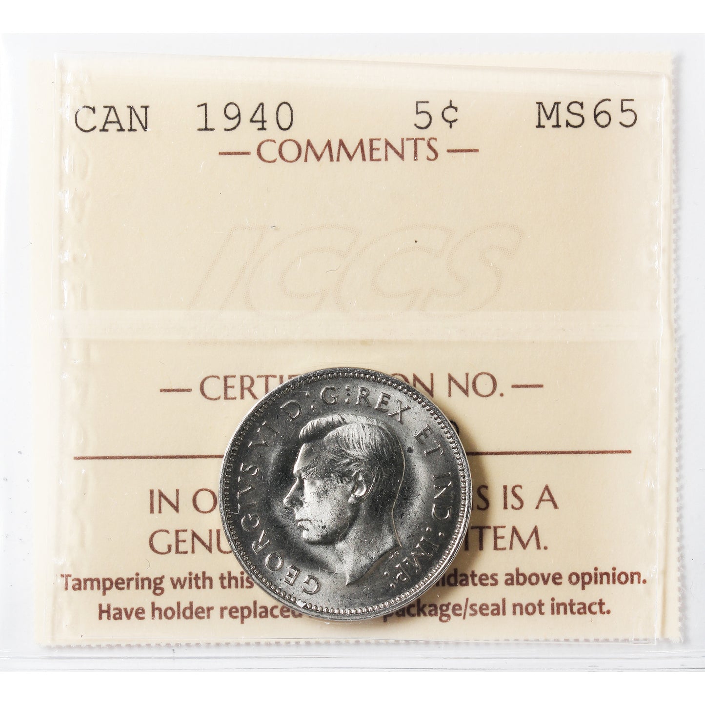 1940 Canada 5-cents ICCS Certified MS65 (XHT 320)