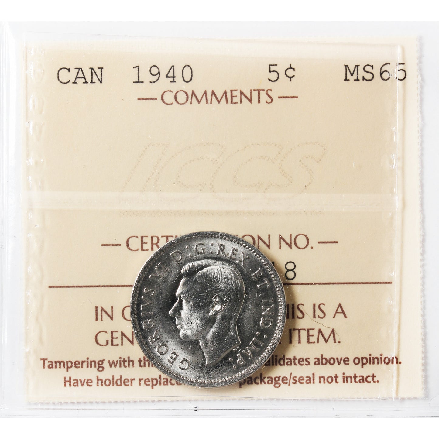 1940 Canada 5-cents ICCS Certified MS65 (XHT 318)