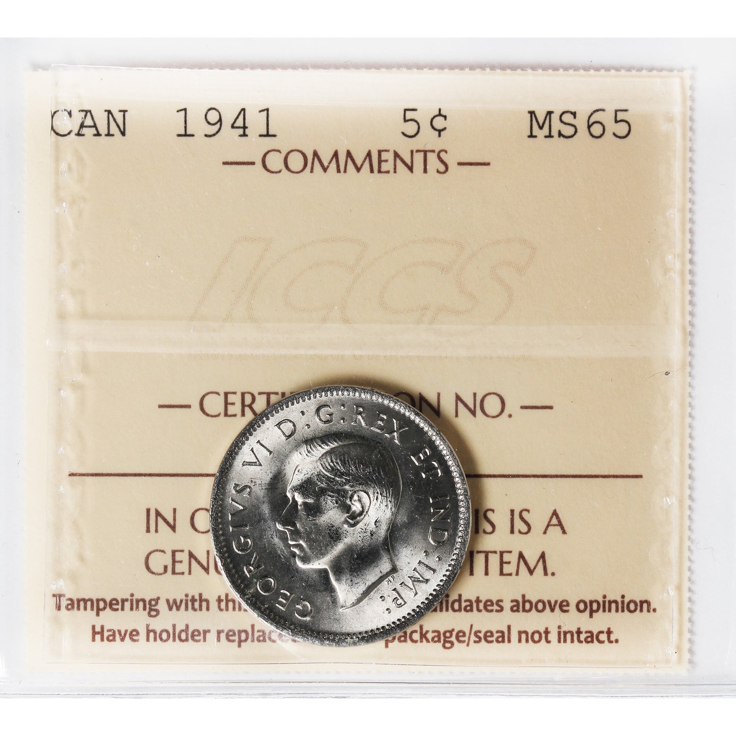 1941 Canada 5-cents ICCS Certified MS-65 (XHT 328)