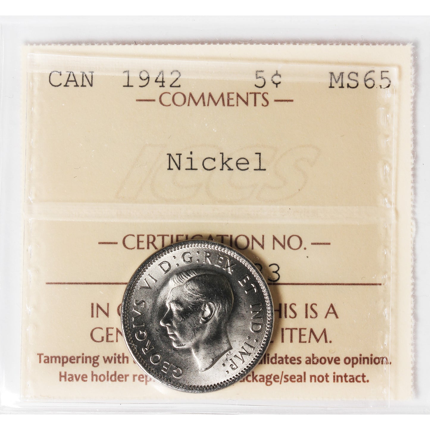 1942 Nickel Canada 5-cents ICCS Certified MS-65 (XHT 333)