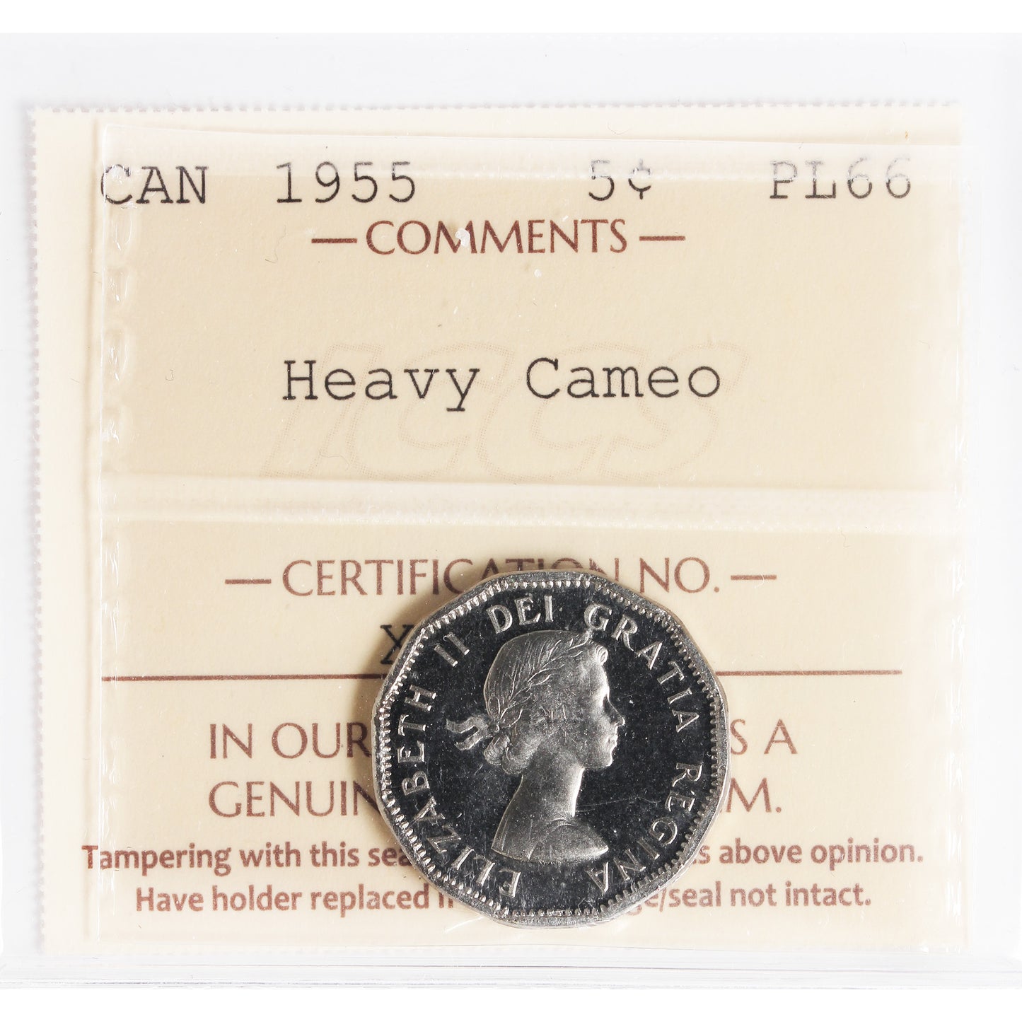 1955 Canada 5-cents ICCS Certified PL-66 Heavy Cameo