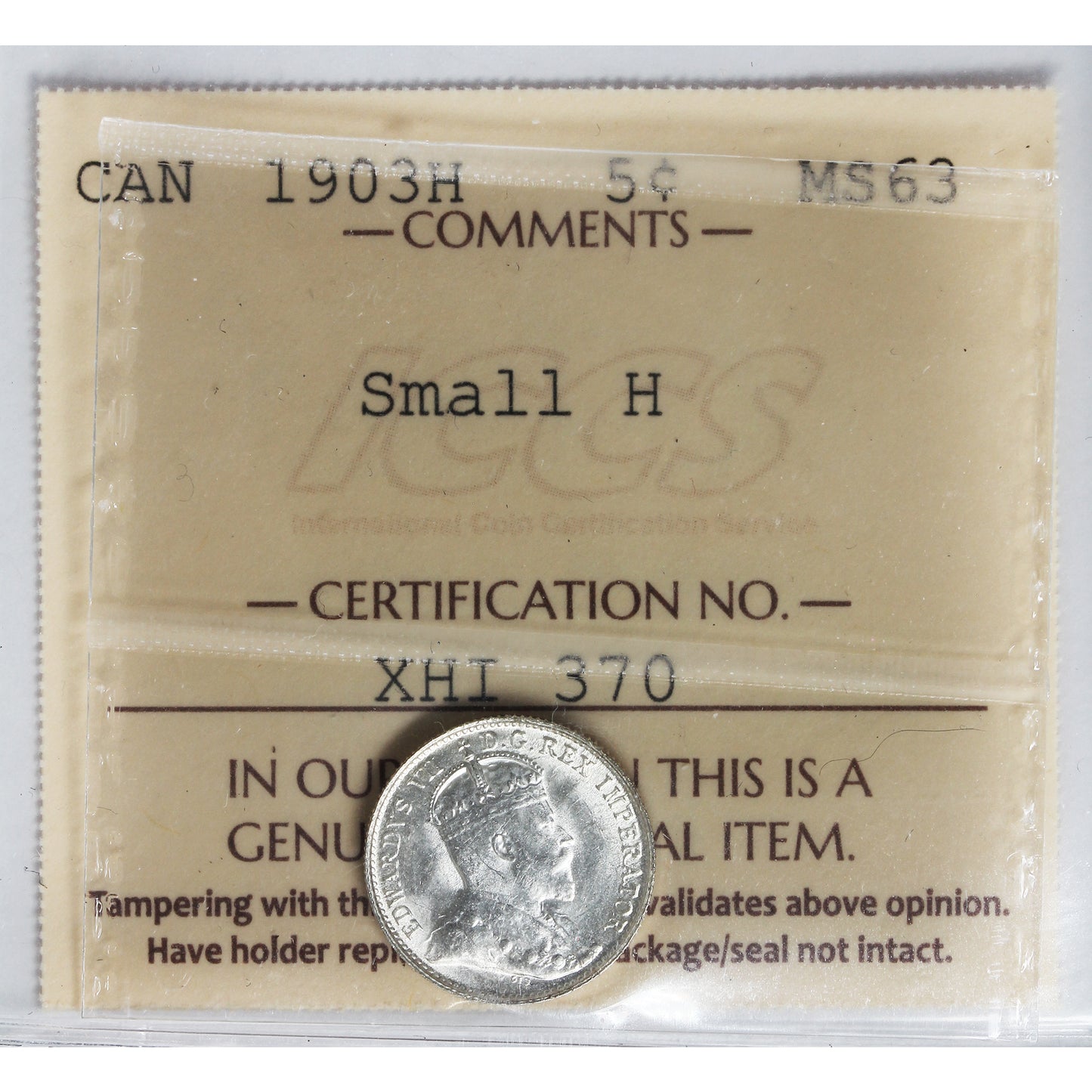 1903H Small H Canada 5-cents ICCS Certified MS63 (XHI 370)