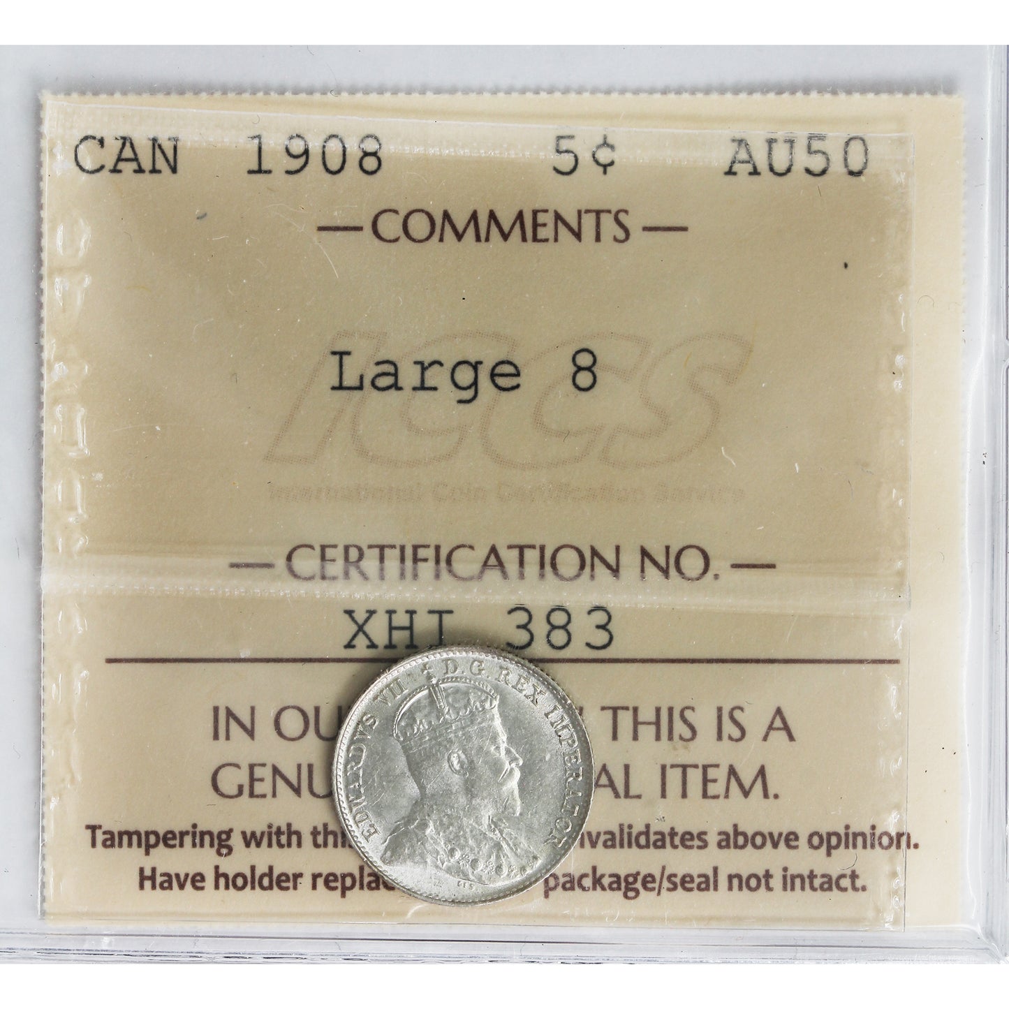 1908 Large 8 Canada 5-cents ICCS Certified AU50