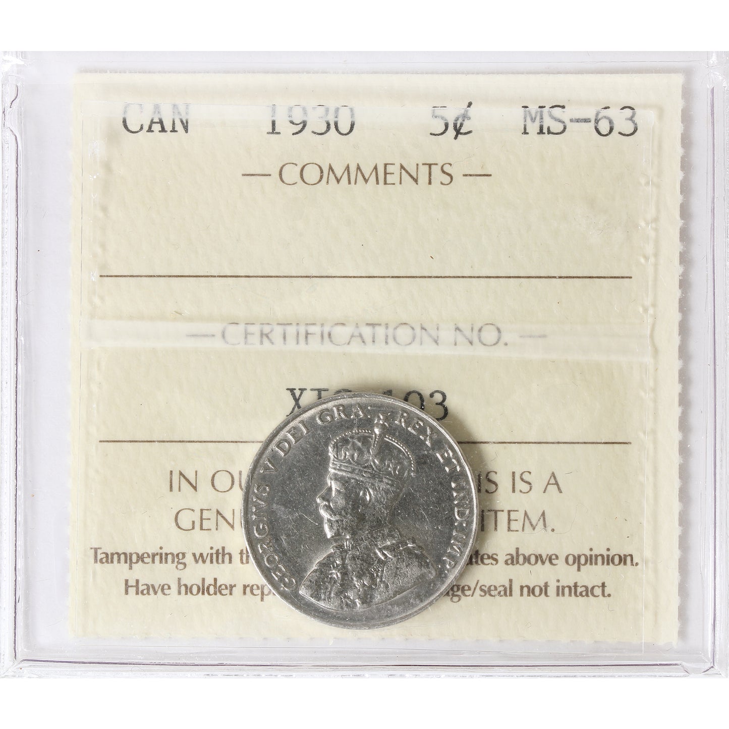 1930 Canada 5-cents ICCS Certified MS63 (XIG 103)