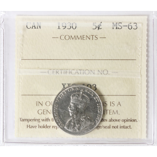 1930 Canada 5-cents ICCS Certified MS63 (XIG 103)