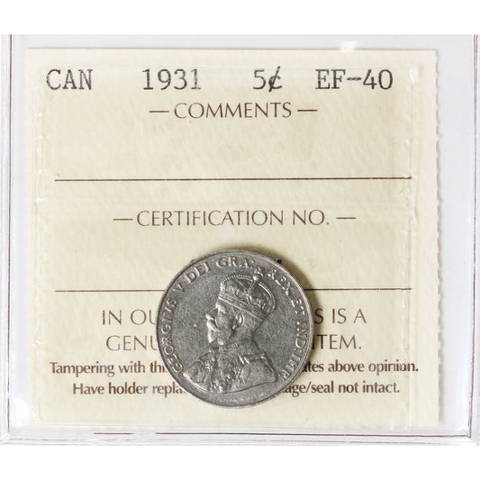 1931 Canada 5-cents ICCS Certified EF40