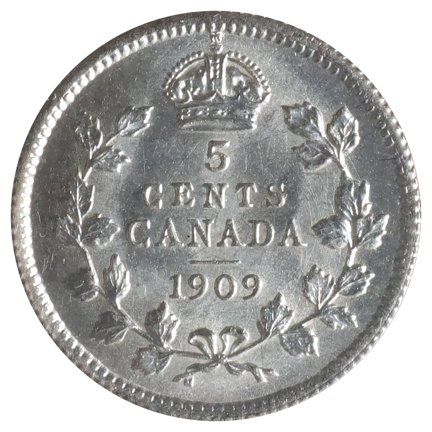 1909 Round Leaves, Bow Tie Canada 5-cents ICCS Certified MS63 (XHT 255)