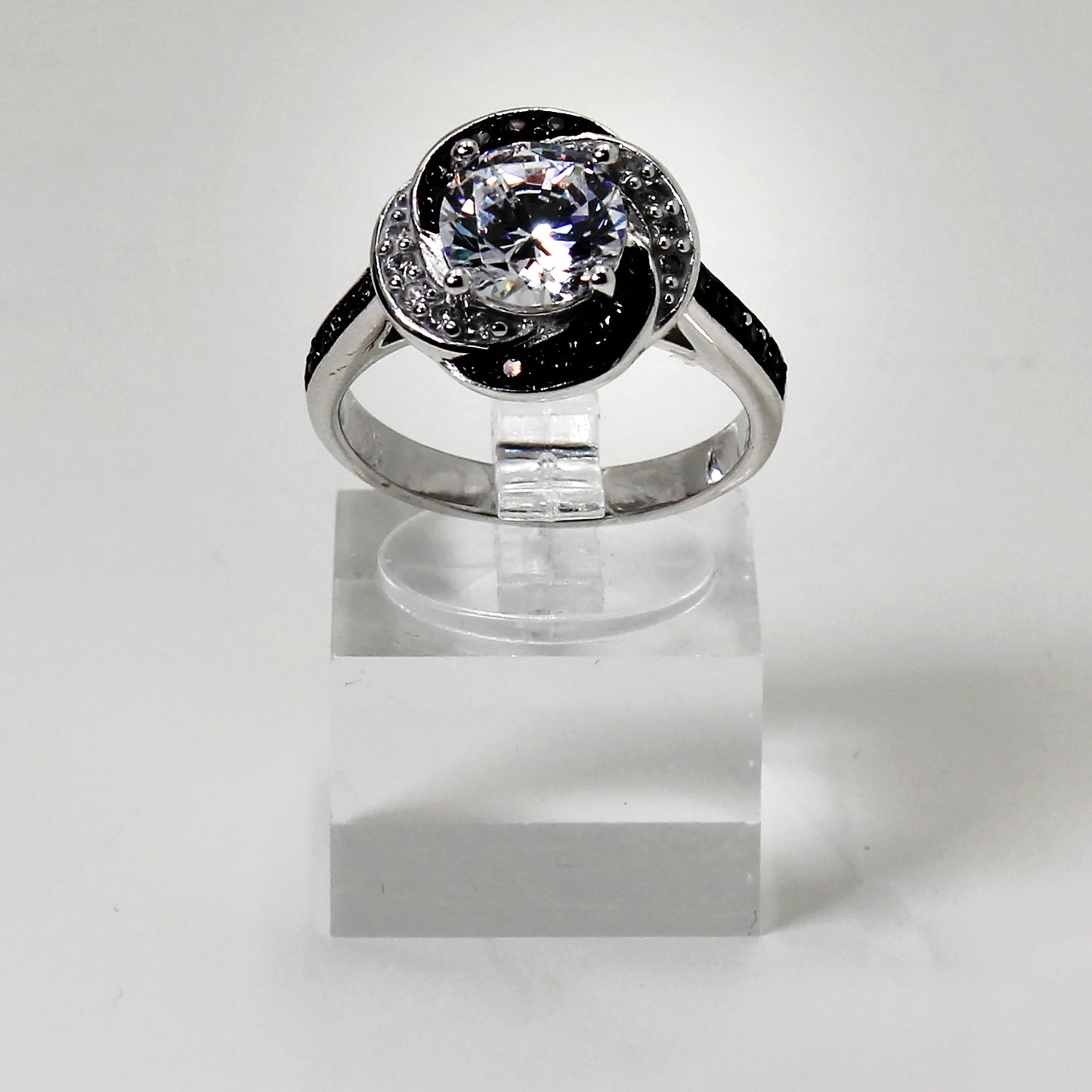 Sterling Silver Clear & Black Stone Halo Ring - 8