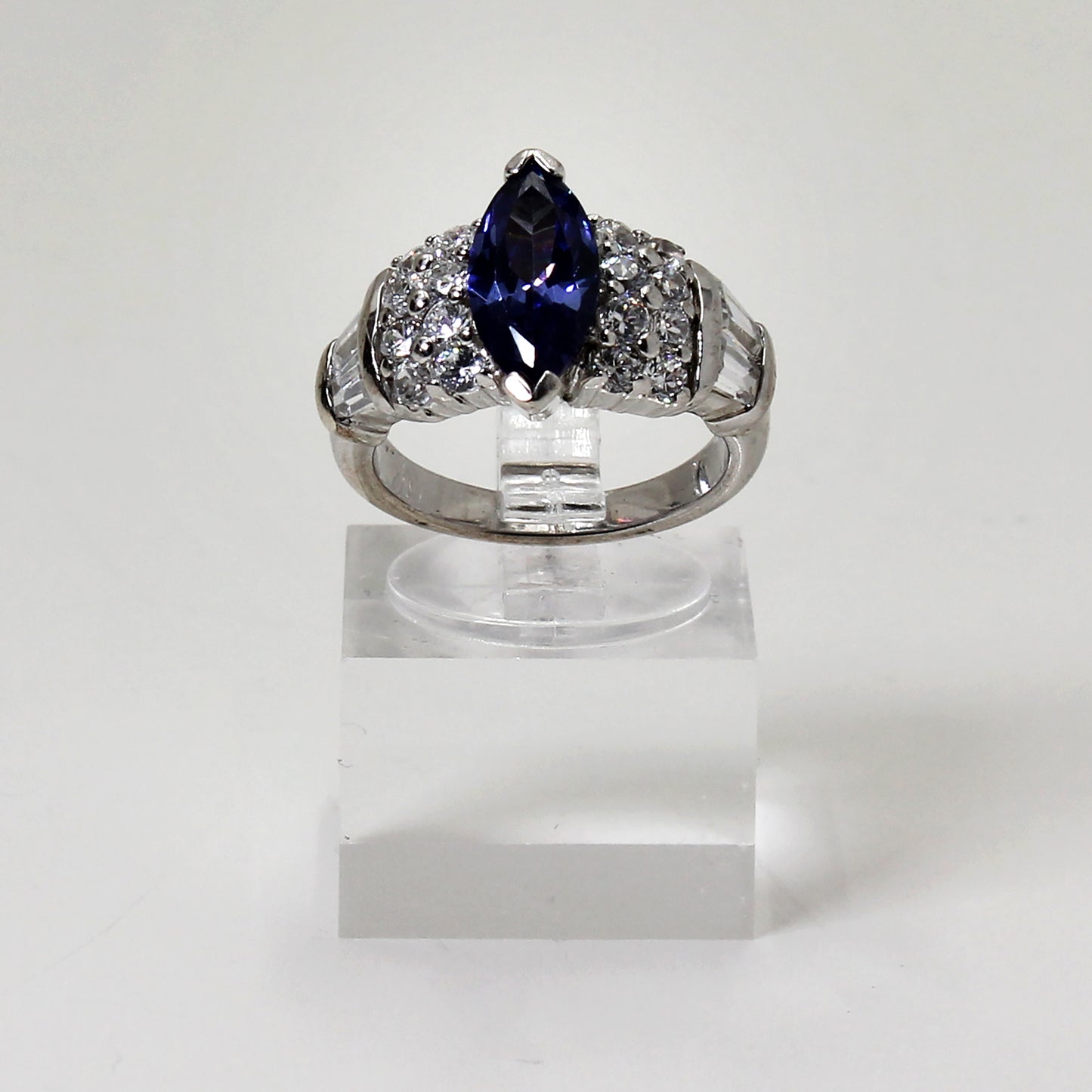Sterling Silver Blue & Clear Stone Marquise Ring - 6