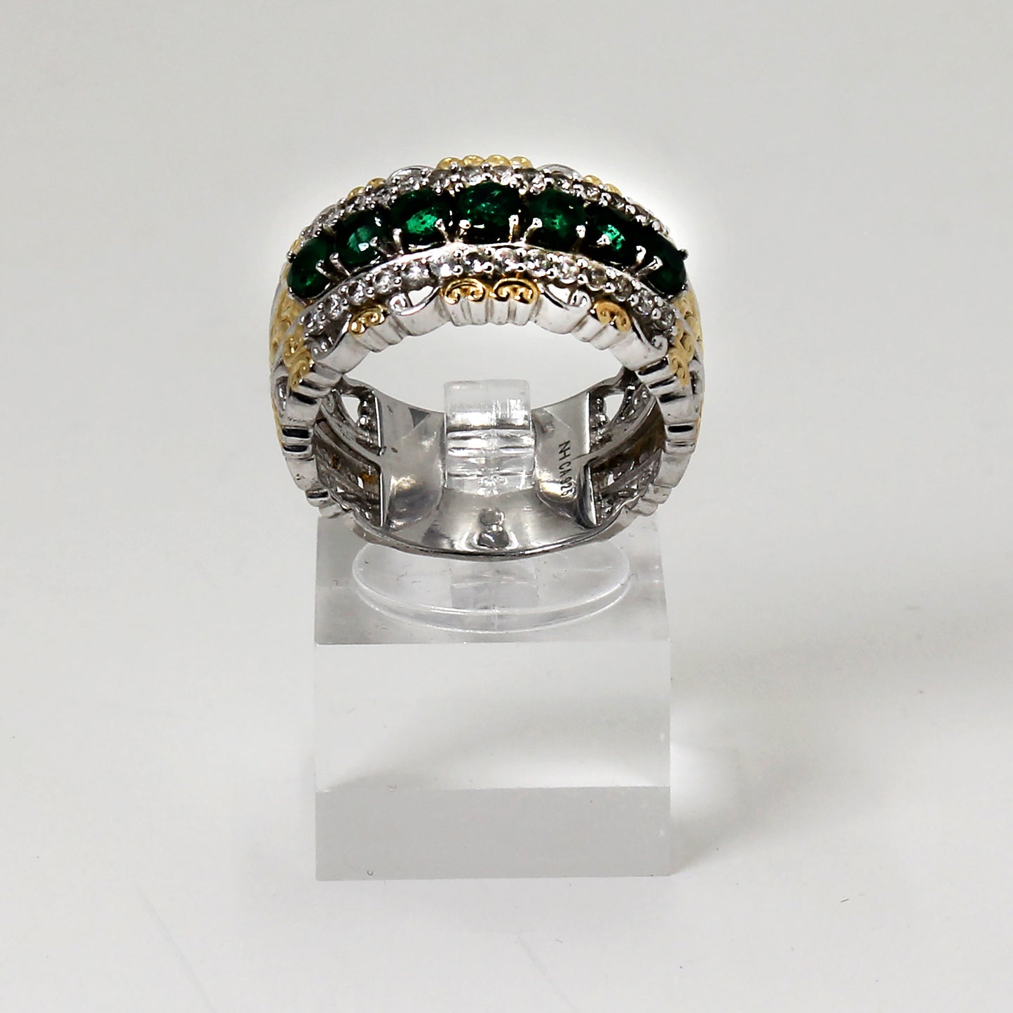 Sterling Silver Green Stone & Gold Toned Ring - 9