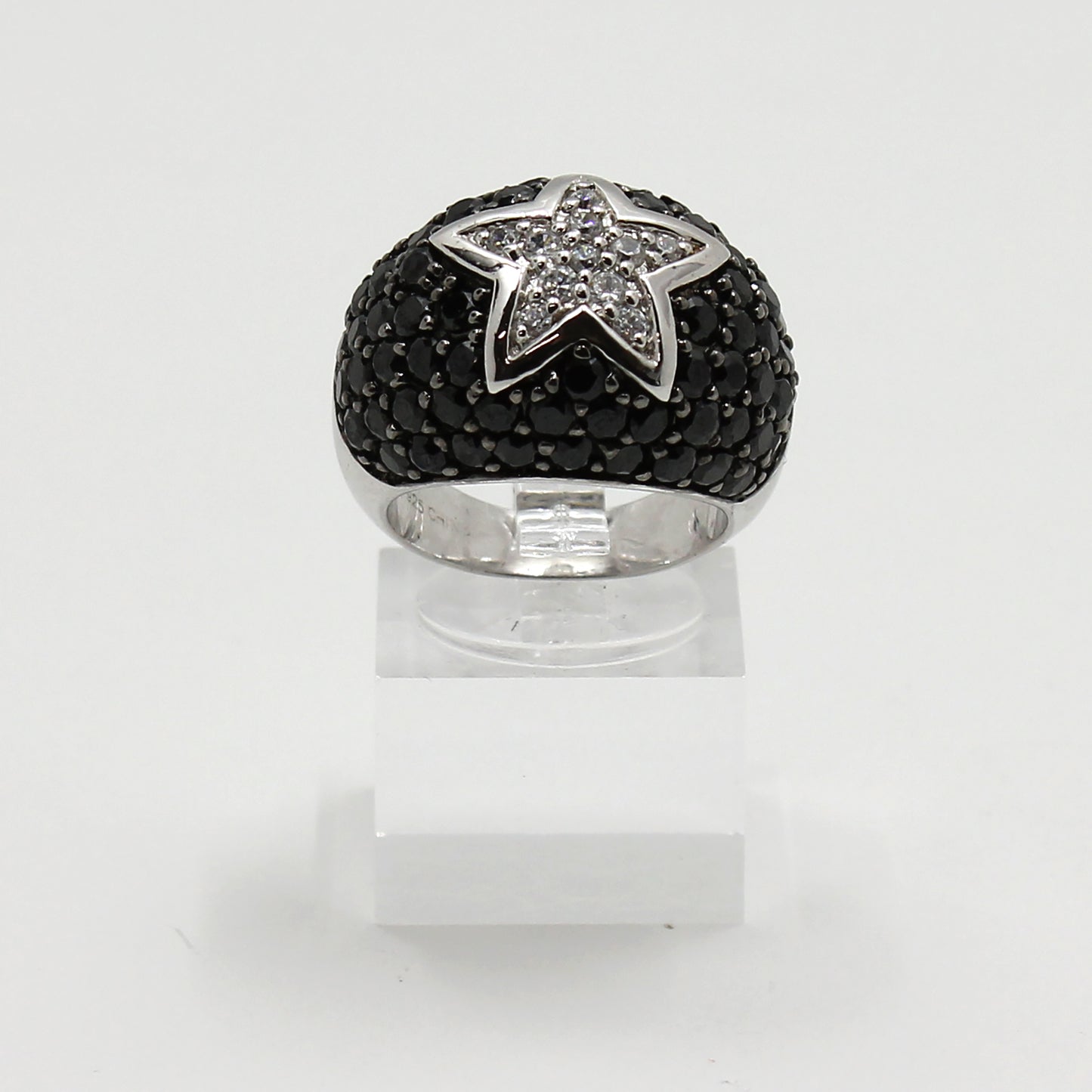 Sterling Silver 'Midnight Star' Pave Ring w Black & Clear Stones - Size 7