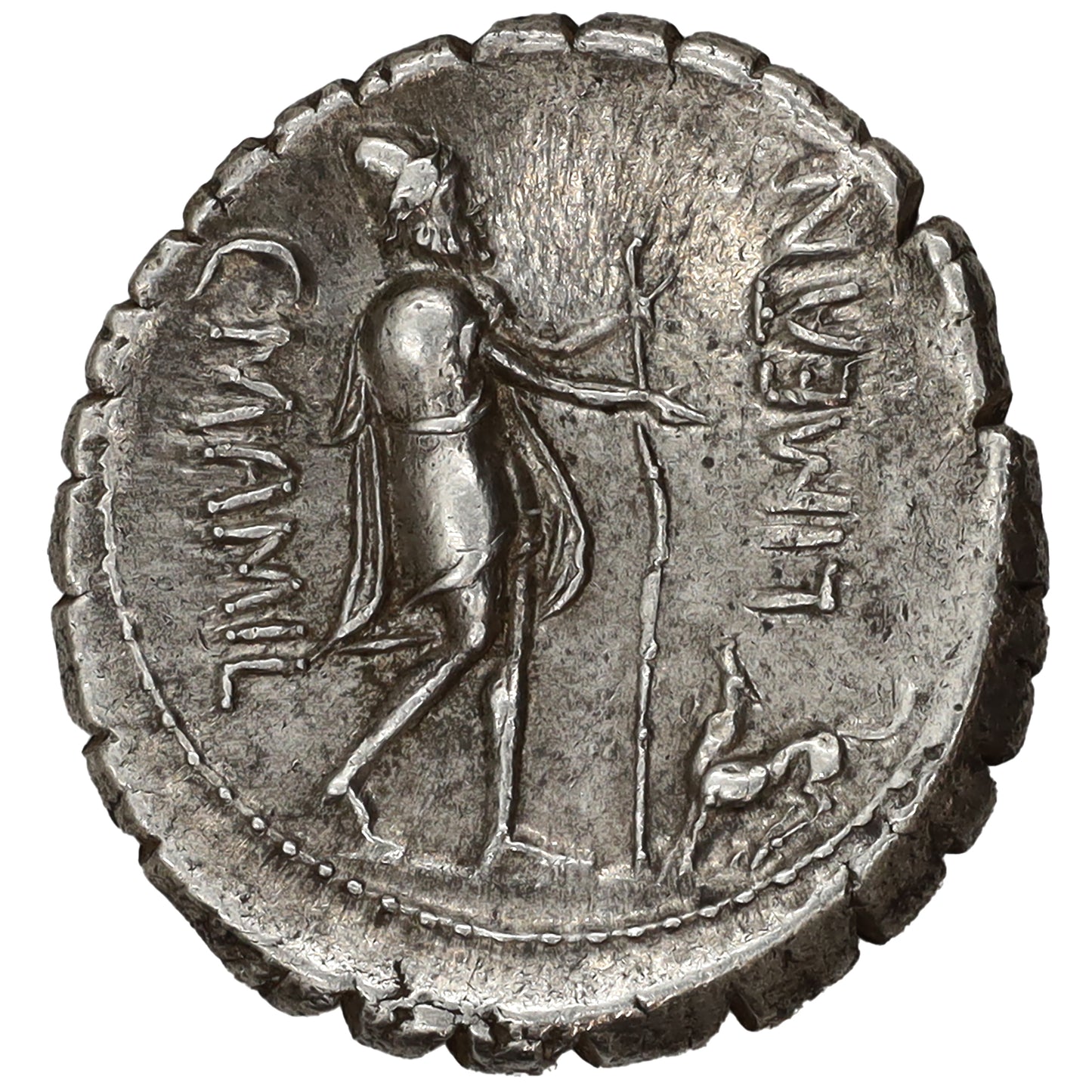 Ancient Roman Republic 82 BC Mercury, Limetanus Silver Denarius Serratus Almost UNC (AU50)