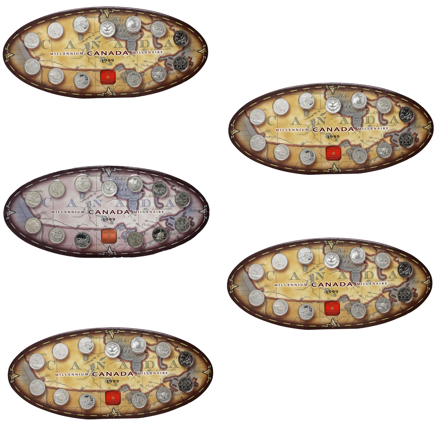 Lot of 5x 1999 Canada 25-cent Millennium Sets in Oval Boards, 5Pcs (Impaired)