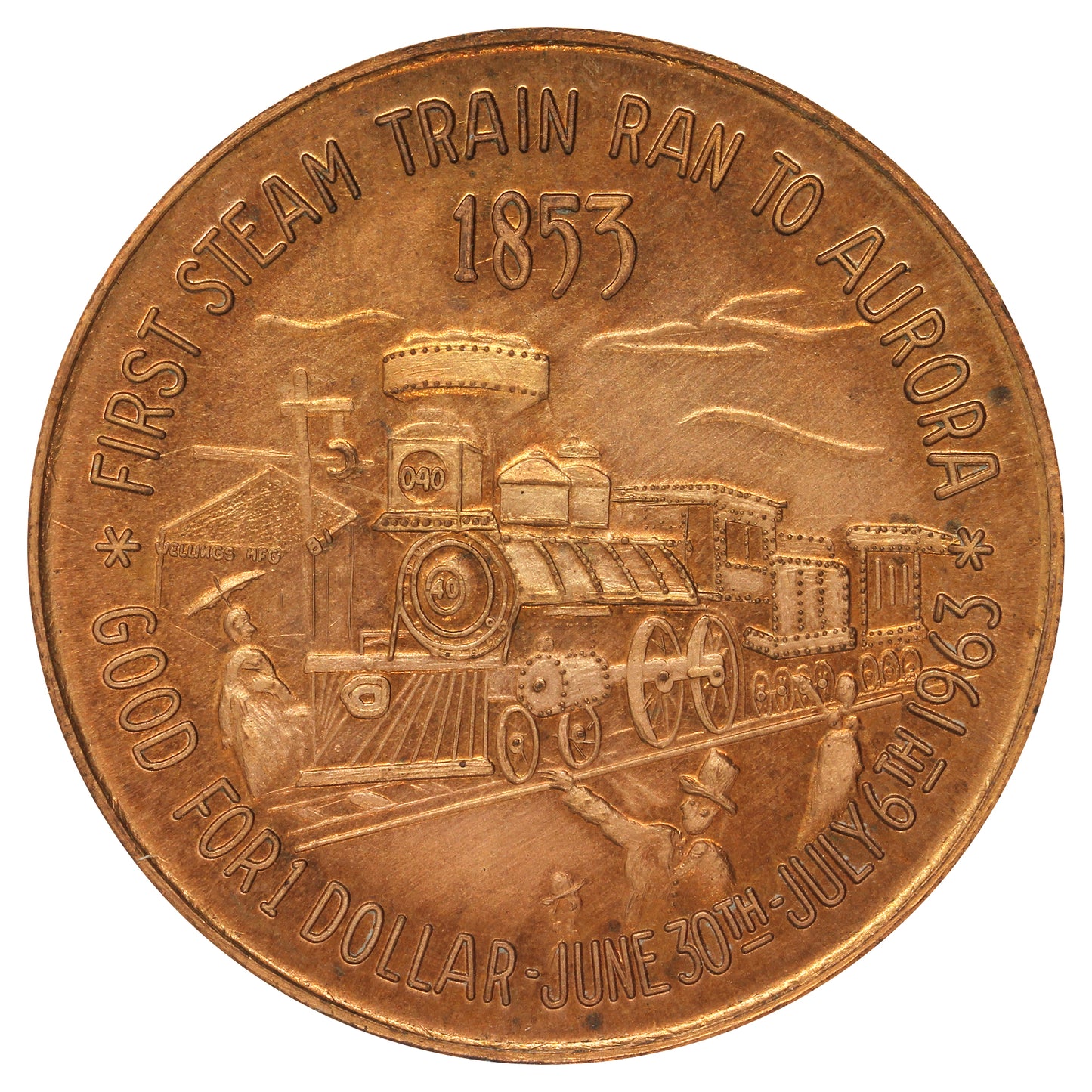 1963 Aurora, ON, Centennial Trade Dollar Token: First Steam Train Run, 1853 (Issues)