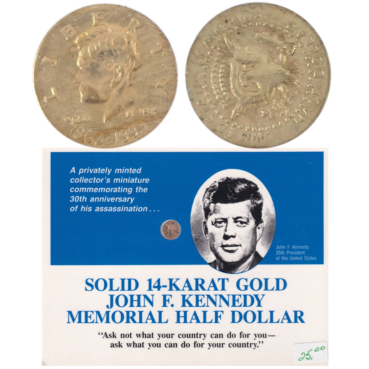 14K Gold Miniature Replica 1993 USA Kennedy Half Dollar in Card