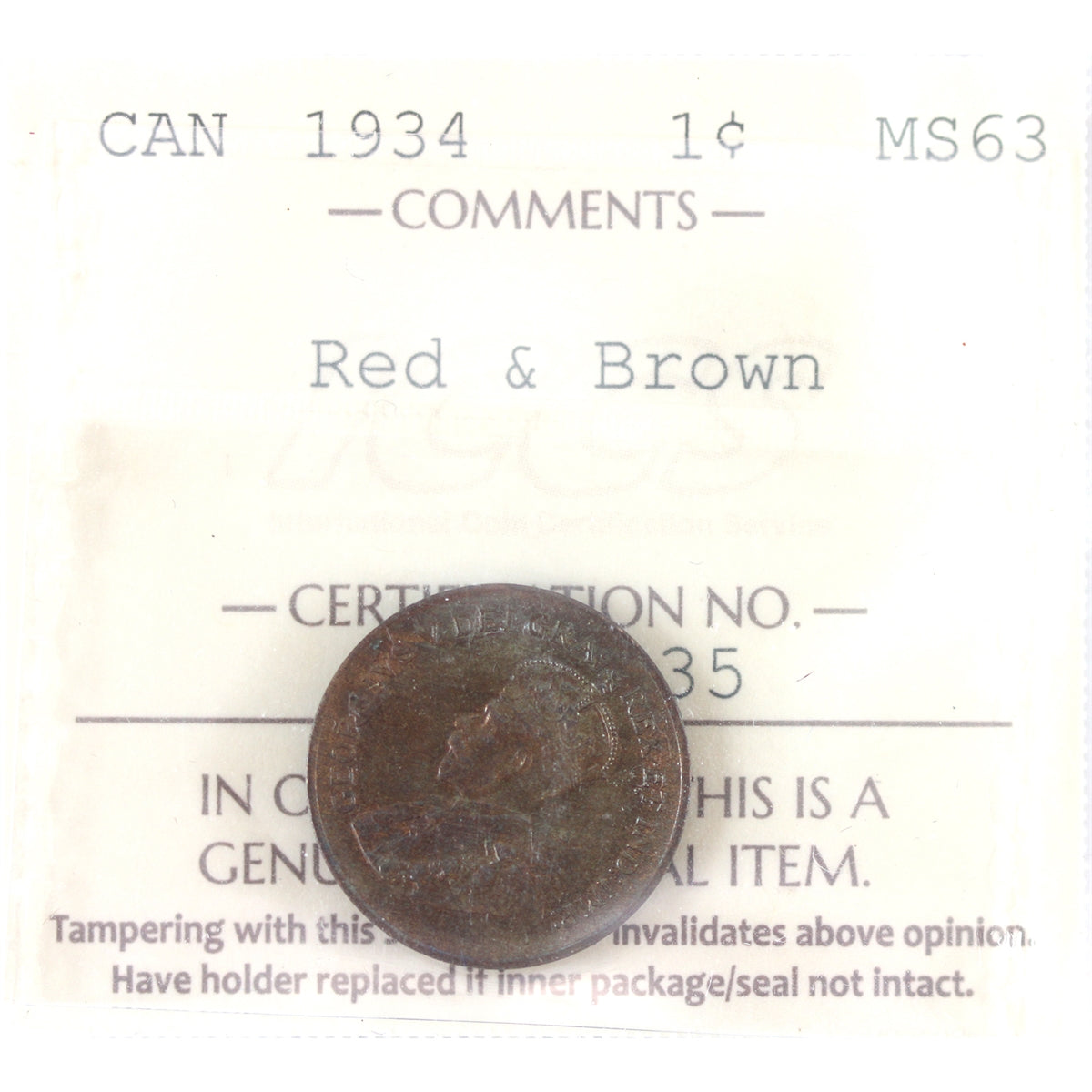 1934 Canada 1-cent ICCS Certified MS-63 Red & Brown