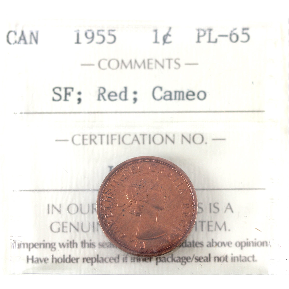 1955 SF Canada 1-cent ICCS Certified PL-65 Red; Cameo