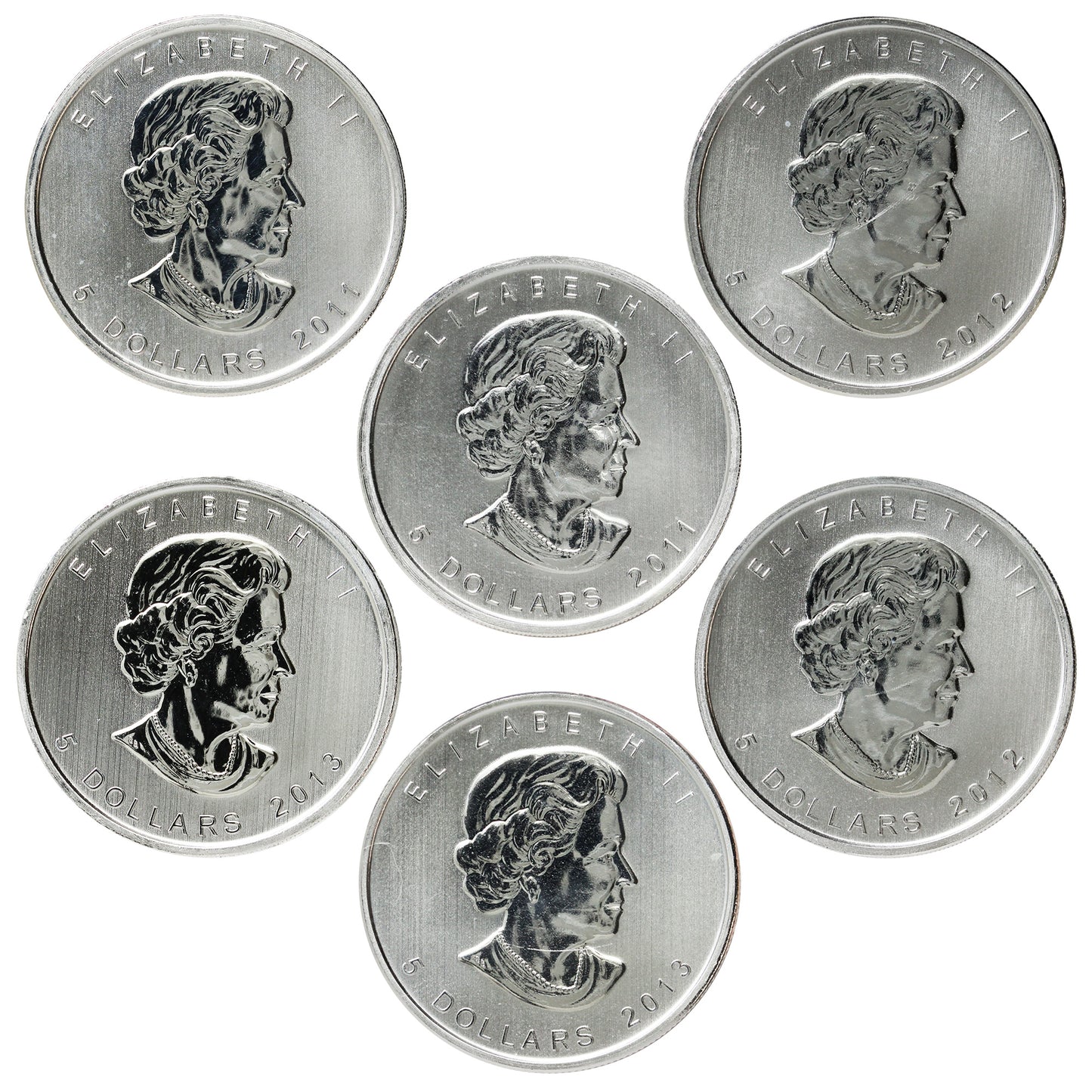 Lot of 6x 2011-2013 Canada $5 Wildlife 1oz. .999 Silver (No Tax) Lightly Toned. 6pcs