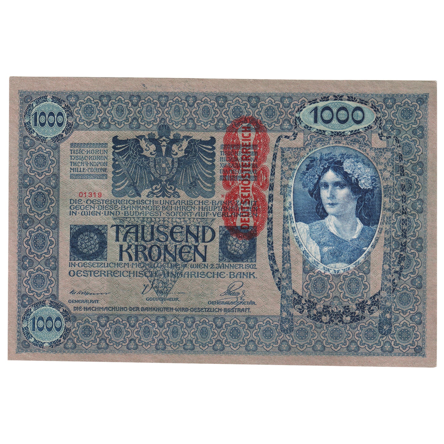 Austria 1902 (1919) 1,000 Kronen, Pick #59, UNC