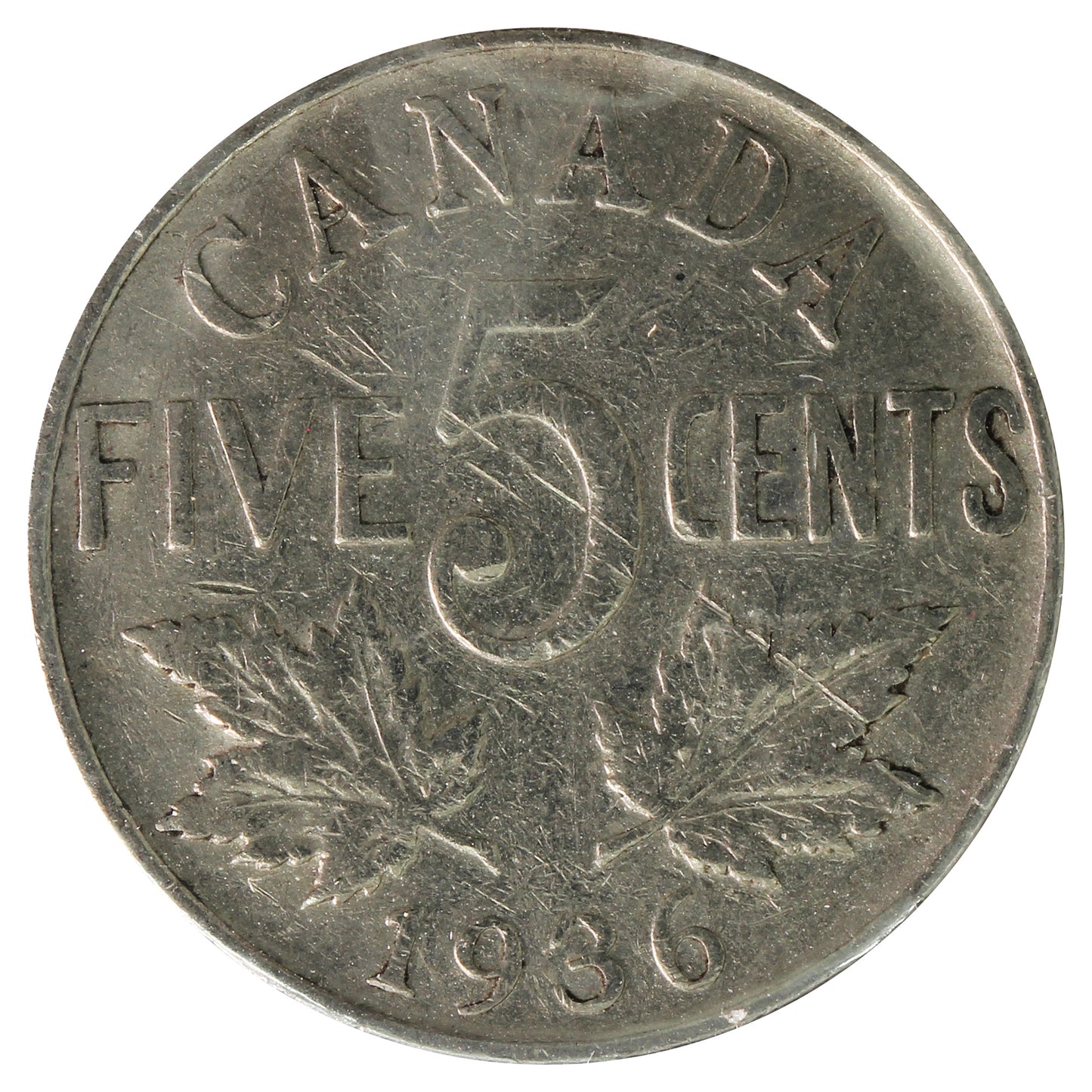 1936 Canada 5-cents F-VF (F-15) Scratched, Cleaned or Impaired