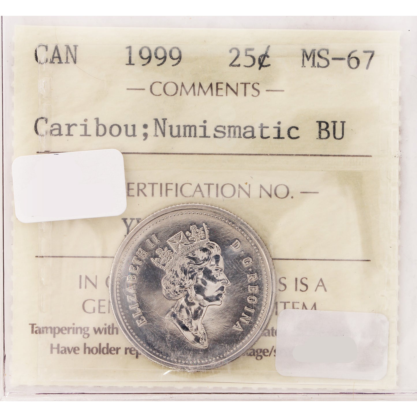 1999 Caribou Canada 25-cents ICCS Certified MS67 Numismatic BU (Toned)