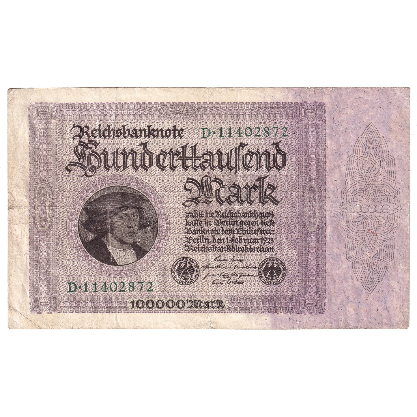 Germany 1923 100,000 Mark Note, W/O T, Pick #83a, VF-EF (Impaired)