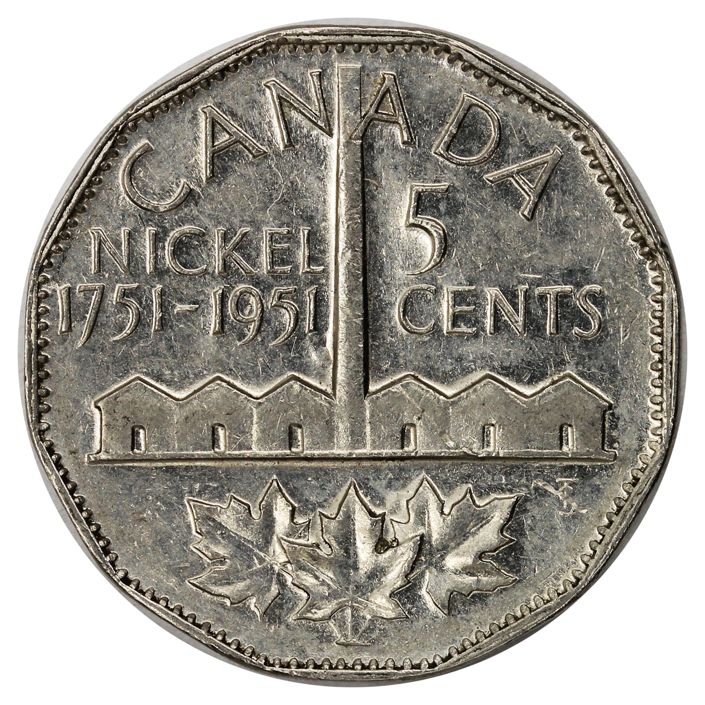 1951 Refinery Half Moon Canada 5-cents VF-EF (VF30) Scratched, Cleaned or Impaired