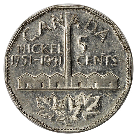 1951 Refinery Half Moon Canada 5-cents VF-EF (VF30) Scratched, Cleaned or Impaired