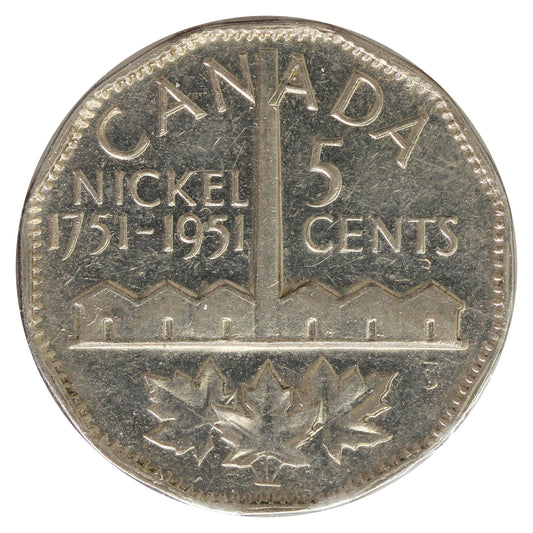 1951 Refinery Moon Half Moon Canada 5-cents Extra Fine (EF40) Scratched, Cleaned or Impaired