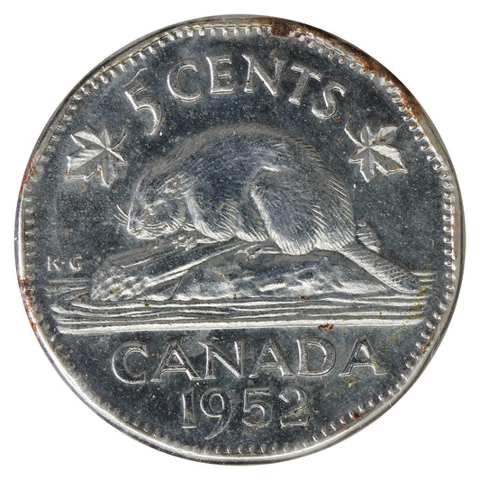 1952 Canada 5-cents UNC+ (MS62) Scratched, Cleaned or Impaired