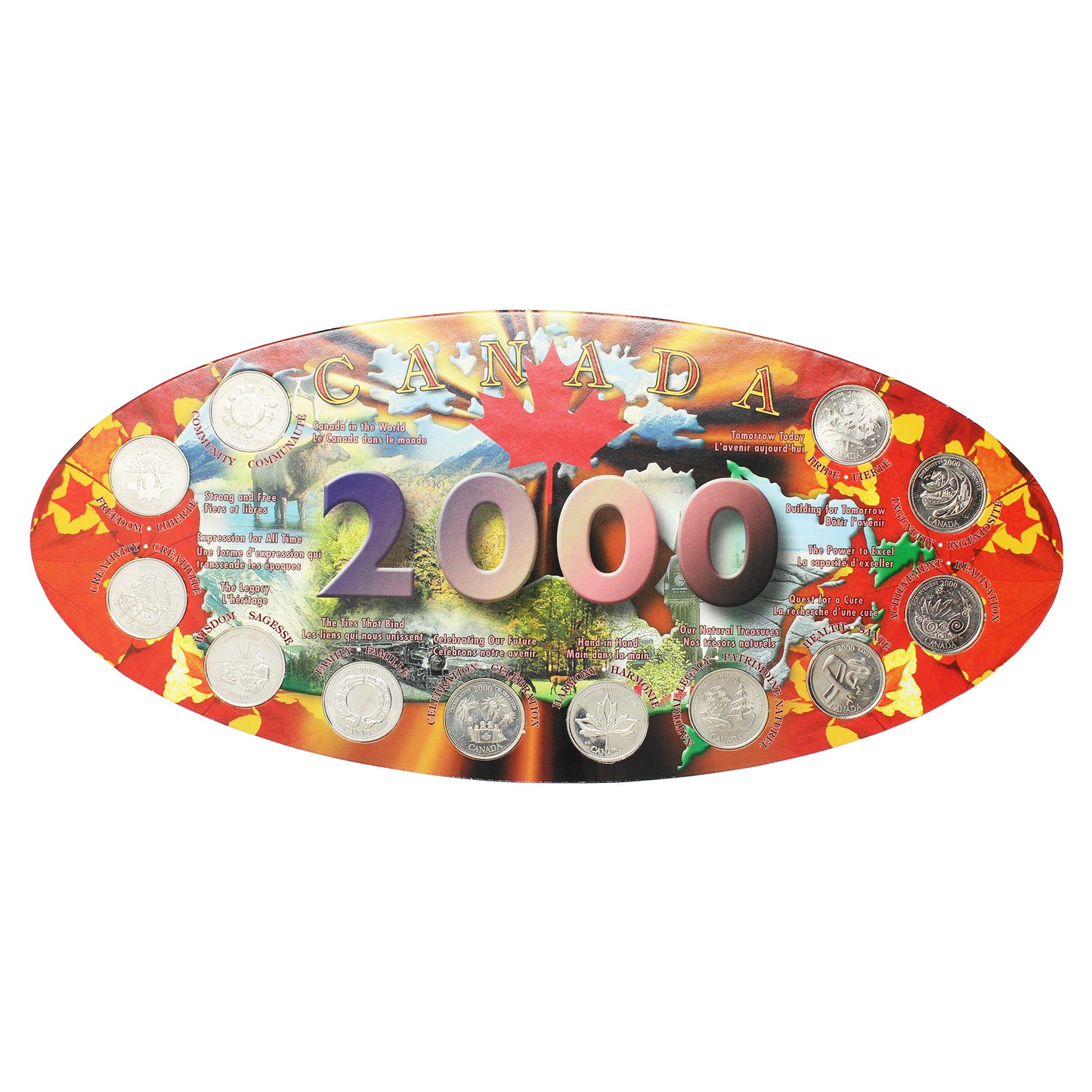 2000 Canada 25-cent Colourful Oval Collector Board w/coins 12pcs