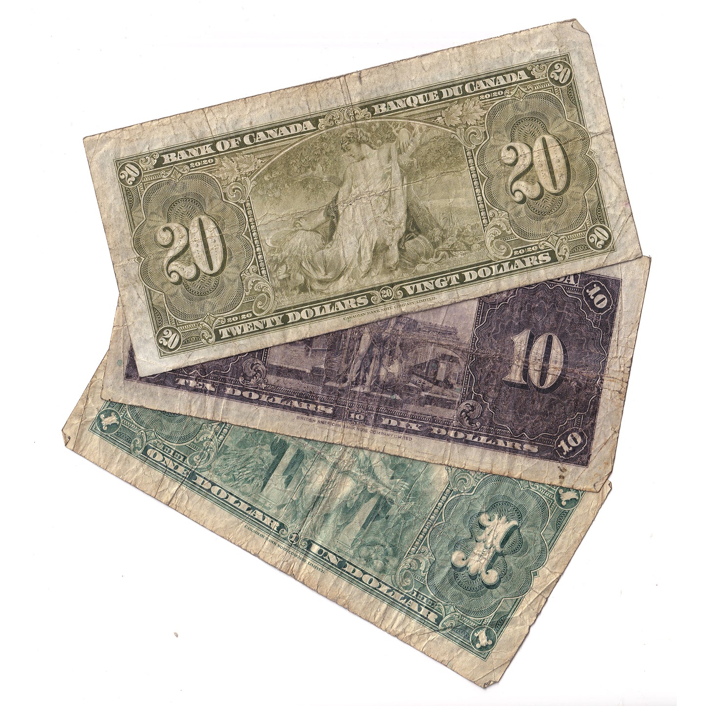Lot of 3x 1937 Canada $1, $10 & $20 Notes, Circulated, 3Pcs. (impaired)