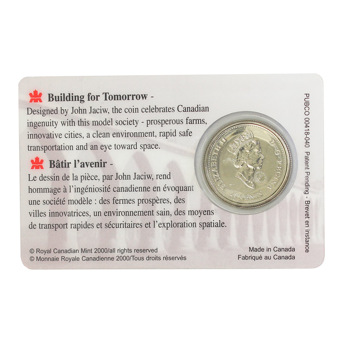 2000 Canada Ingenuity 25-cents in Plastic Card