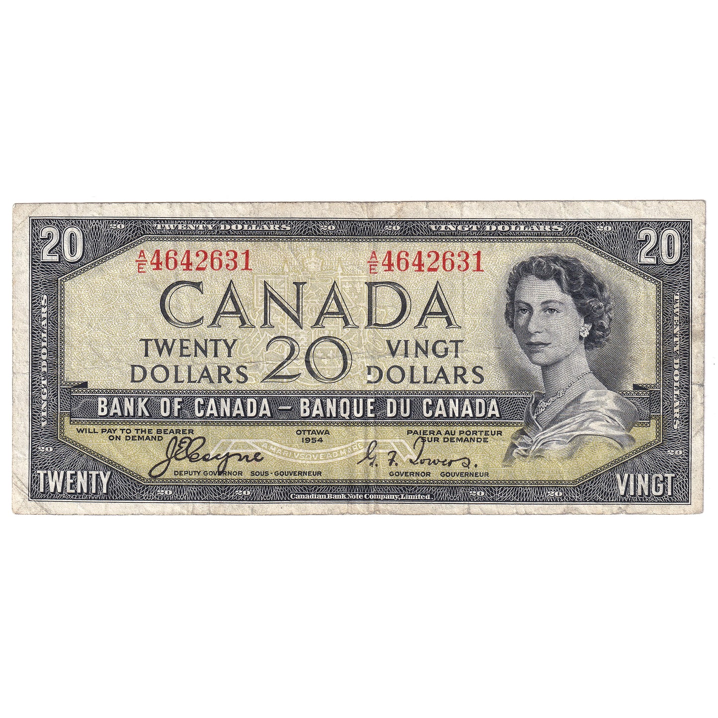 BC-33a 1954 Canada $20 Coyne-Towers, Devil's Face, A/E, F-VF (Writing)