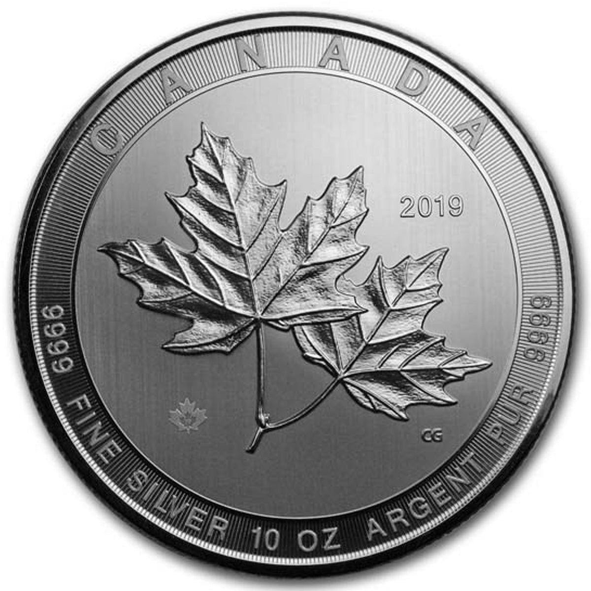 2019 Canada $50 Magnificent Maple Leaves 10oz .9999 Silver (No Tax) Hairline Scr. on Capsule