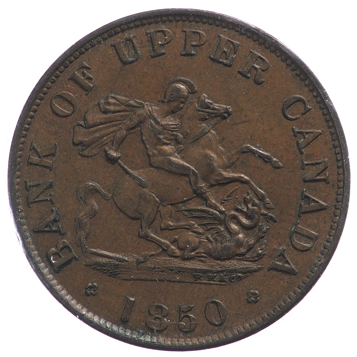 PC-5A 1850 Province of Canada, Bank of Upper Canada Half Penny Token Almost Uncirculated (AU50)