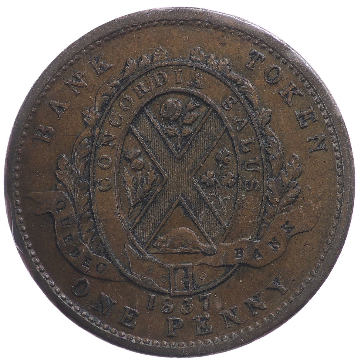 LC-9B1 1837 Lower Canada Quebec Bank on Ribbon Penny Bank Token, Extra Fine (EF40) $