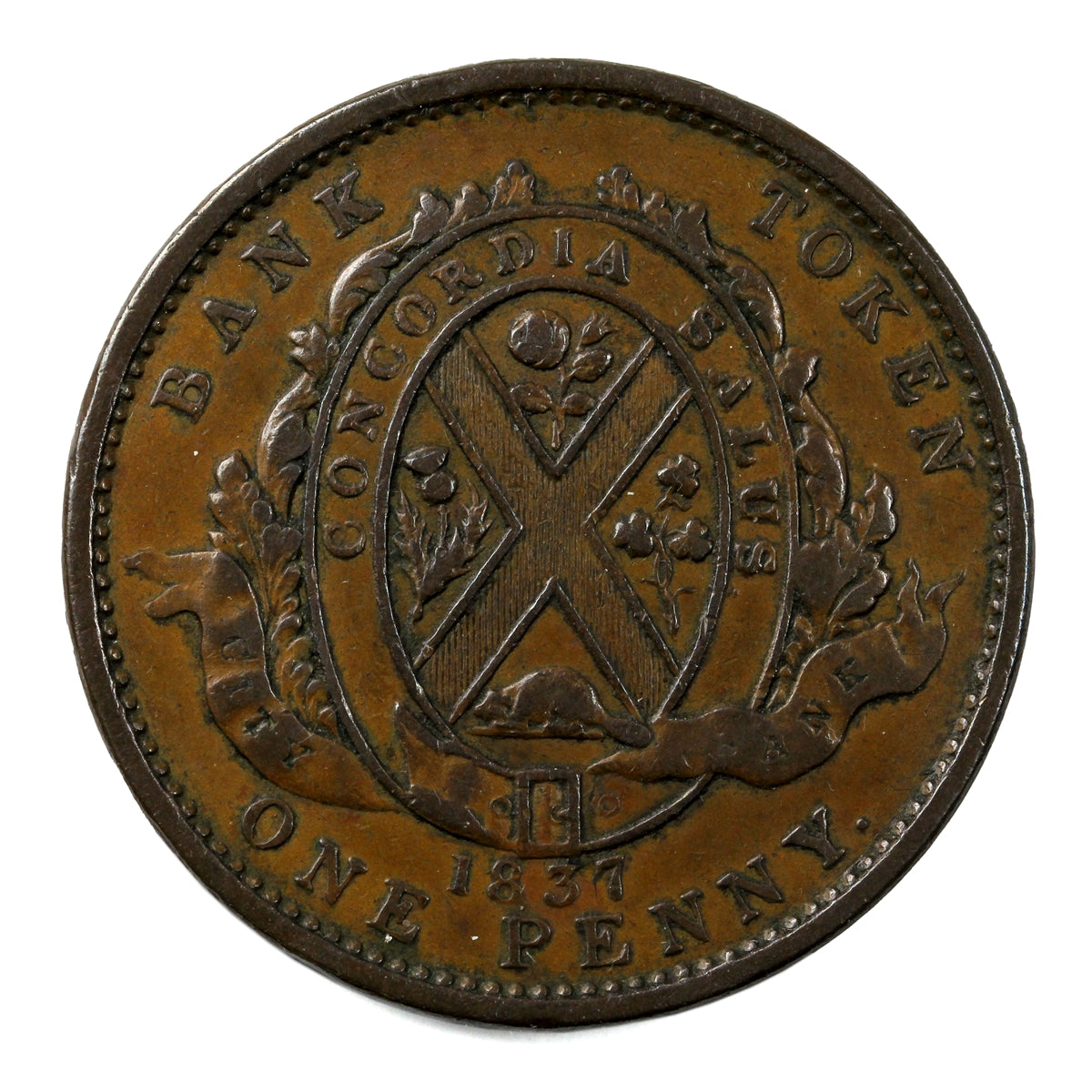 LC-9A1 1837 Lower Canada, City Bank, Strong, Period Half Penny Token Very VF-EF (VF30) $
