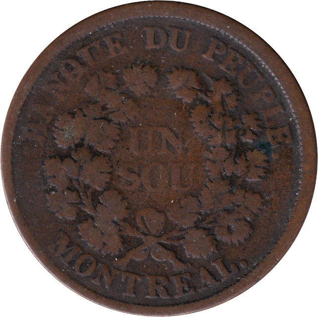 LC-5A1 No Date (1838) Lower Canada, Banque du Peuple Montreal Un Sou Very Good (VG-8)